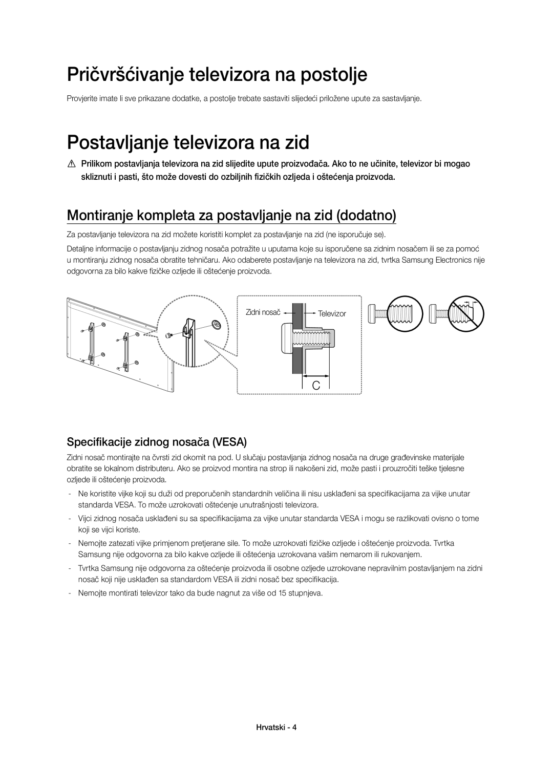 Samsung UE32H6410SSXZF, UE55H6410SSXXH manual Pričvršćivanje televizora na postolje, Postavljanje televizora na zid 