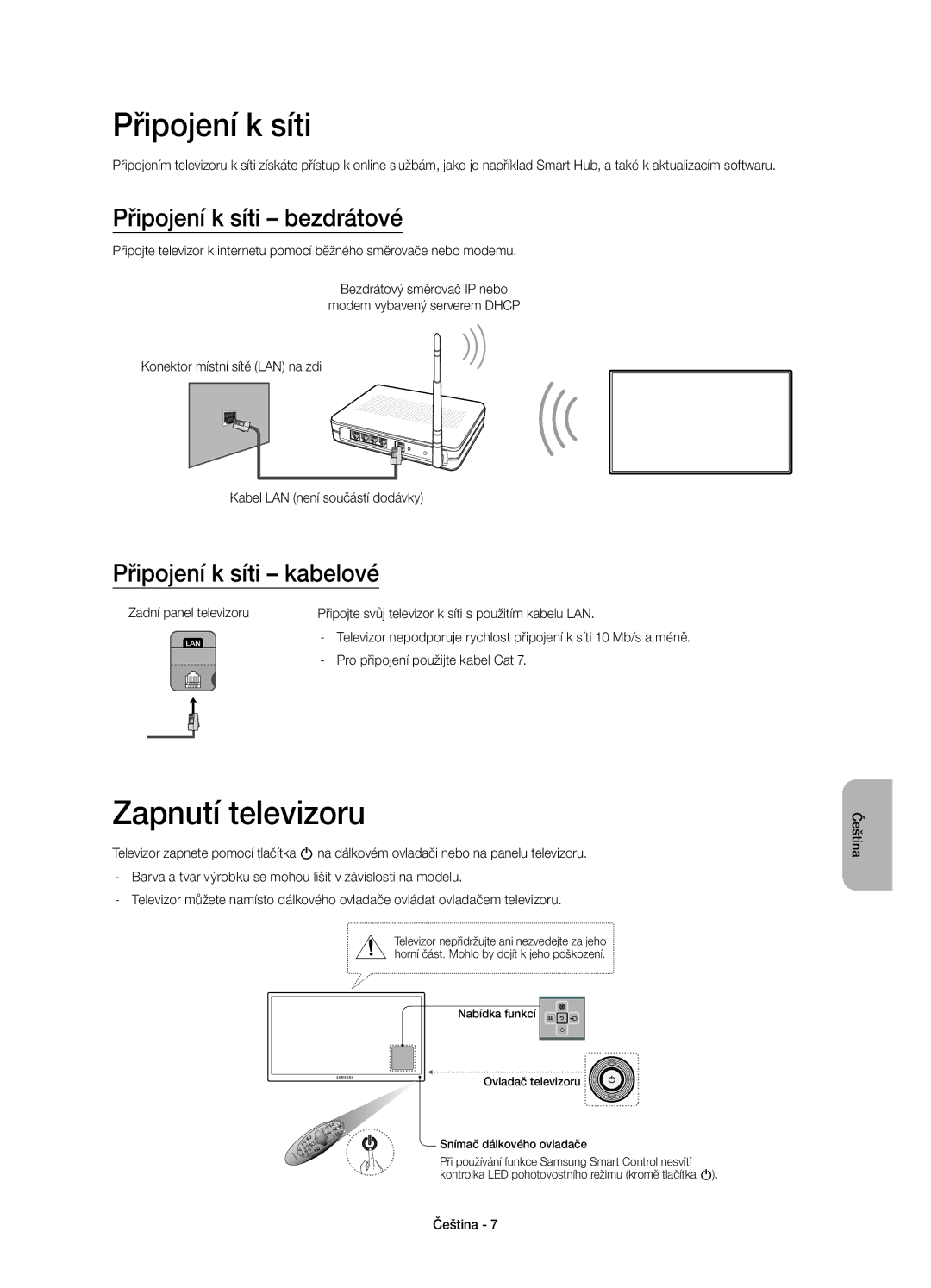 Samsung UE55H6410SSXXN, UE55H6410SSXXH manual Zapnutí televizoru, Připojení k síti bezdrátové, Připojení k síti kabelové 