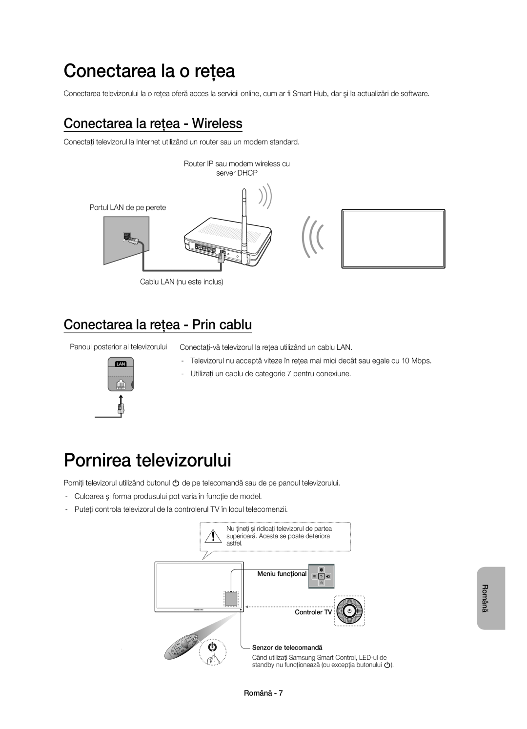 Samsung UE55H6410SUXXH, UE55H6410SSXXH manual Conectarea la o reţea, Pornirea televizorului, Conectarea la reţea - Wireless 