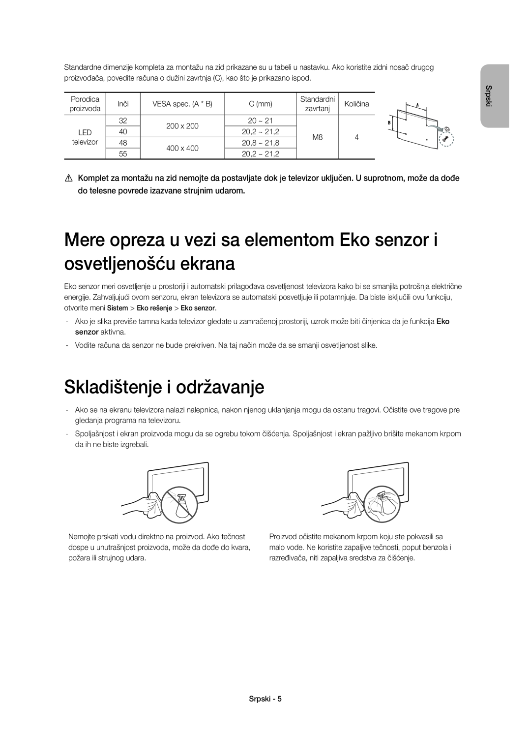 Samsung UE48H6410SSXZG manual Mere opreza u vezi sa elementom Eko senzor i osvetljenošću ekrana, Skladištenje i održavanje 