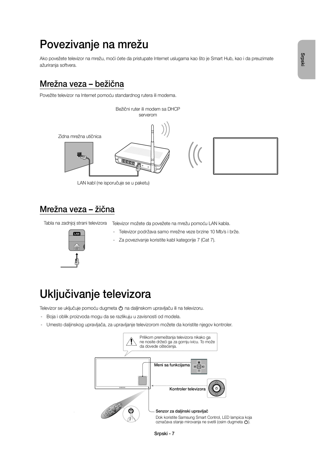 Samsung UE32H6410SSXZG manual Povezivanje na mrežu, Mrežna veza - bežična, Mrežna veza - žična, Uključivanje televizora 