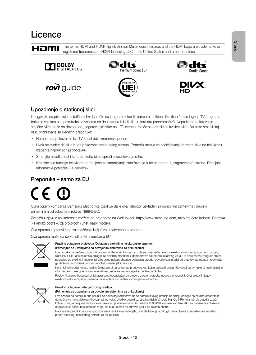Samsung UE40H6410SSXZF, UE55H6410SSXXH manual Upozorenje o statičnoj slici, Licence, Preporuka - samo za EU, Srpski 