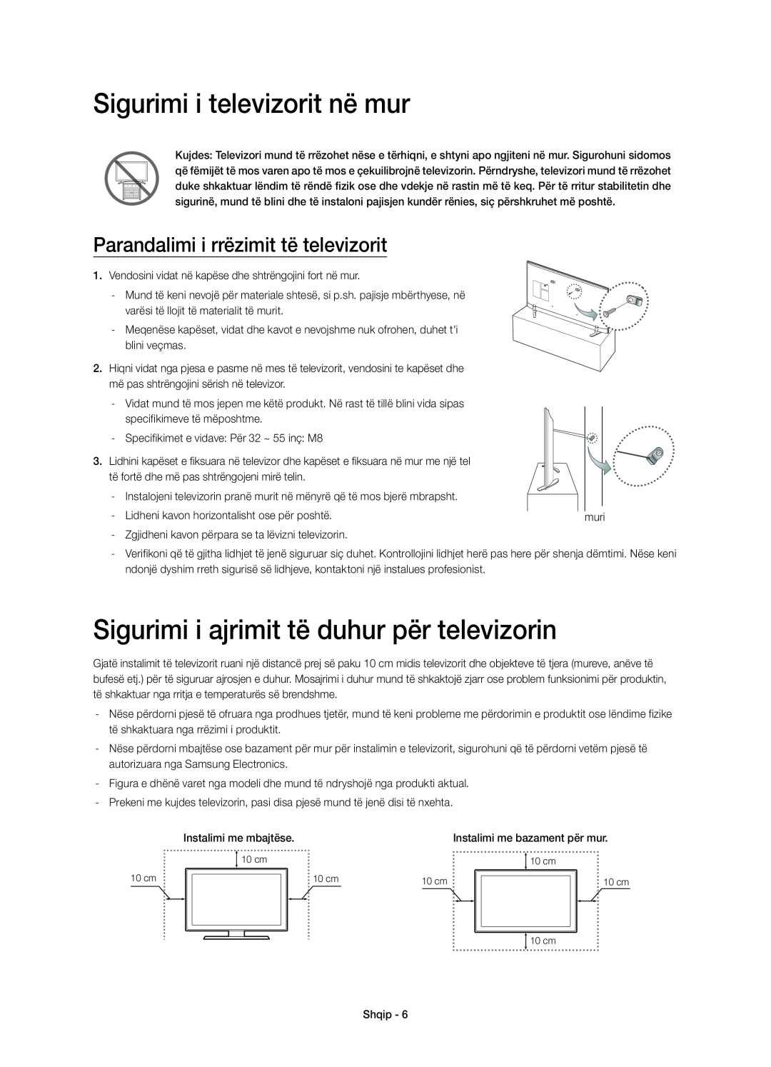 Samsung UE48H6410SSXXC, UE55H6410SSXXH manual Sigurimi i televizorit në mur, Sigurimi i ajrimit të duhur për televizorin 