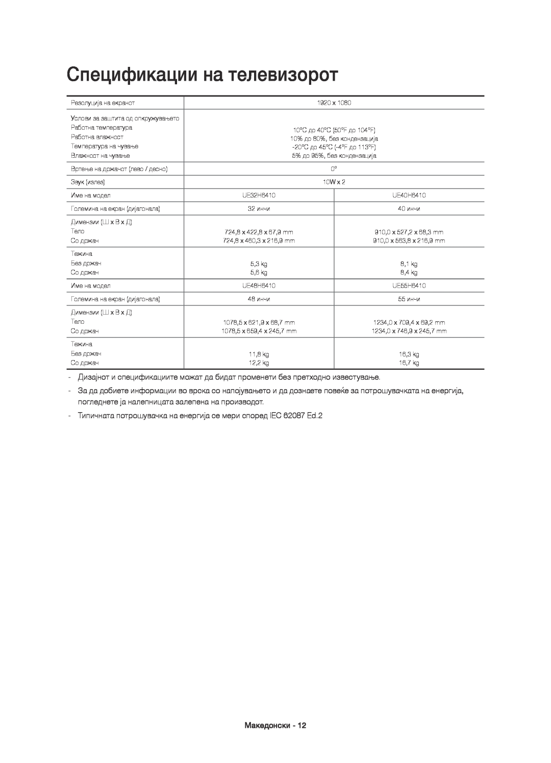 Samsung UE32H6410SSXXH manual Спецификации на телевизорот, Типичната потрошувачка на енергија се мери според IEC 62087 Ed.2 