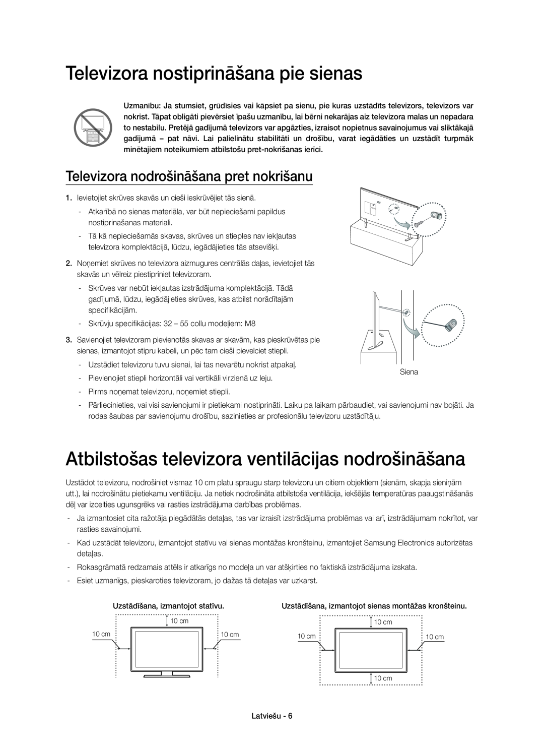 Samsung UE55H6410SUXXU manual Televizora nostiprināšana pie sienas, Atbilstošas televizora ventilācijas nodrošināšana 