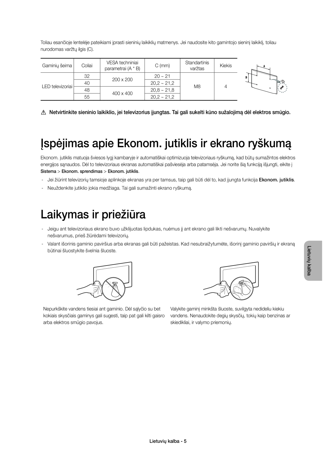 Samsung UE40H6410SSXZG, UE55H6410SSXXH manual Įspėjimas apie Ekonom. jutiklis ir ekrano ryškumą, Laikymas ir priežiūra 