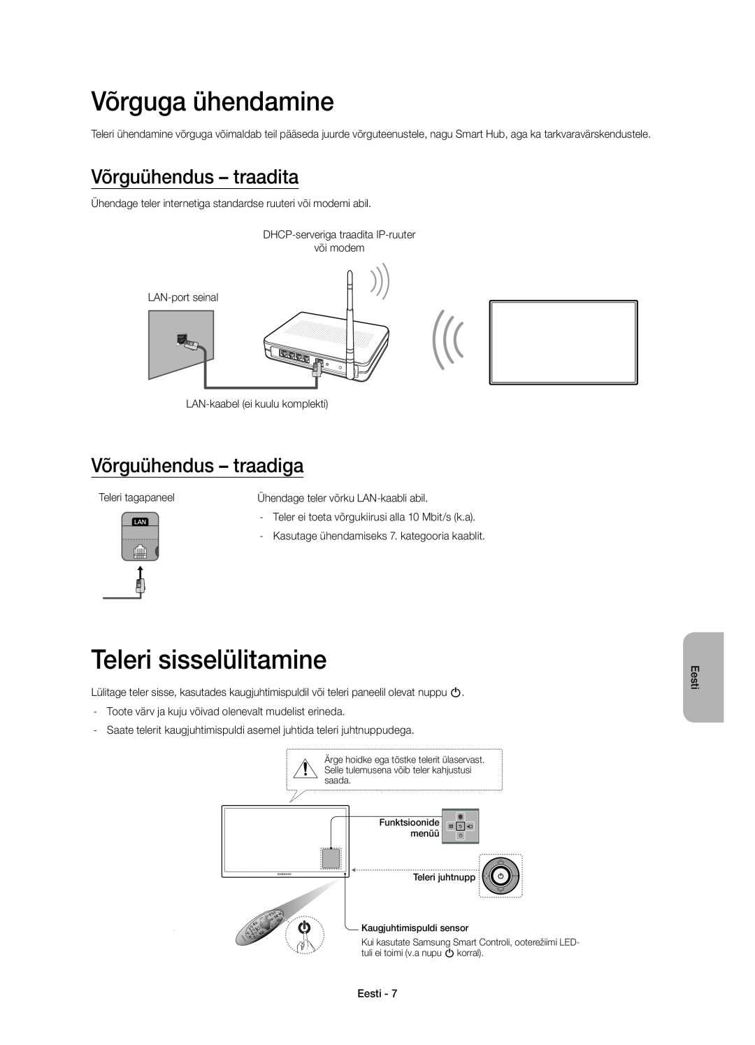 Samsung UE55H6410SUXXH manual Võrguga ühendamine, Teleri sisselülitamine, Võrguühendus - traadita, Võrguühendus - traadiga 