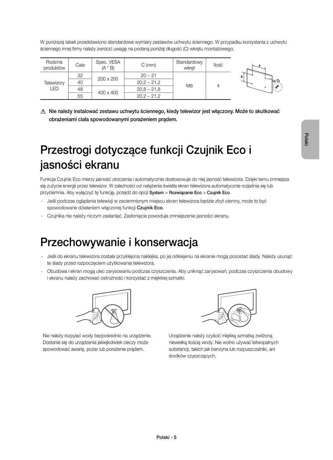 Samsung UE48H6410SSXZG manual Przestrogi dotyczące funkcji Czujnik Eco i jasności ekranu, Przechowywanie i konserwacja 