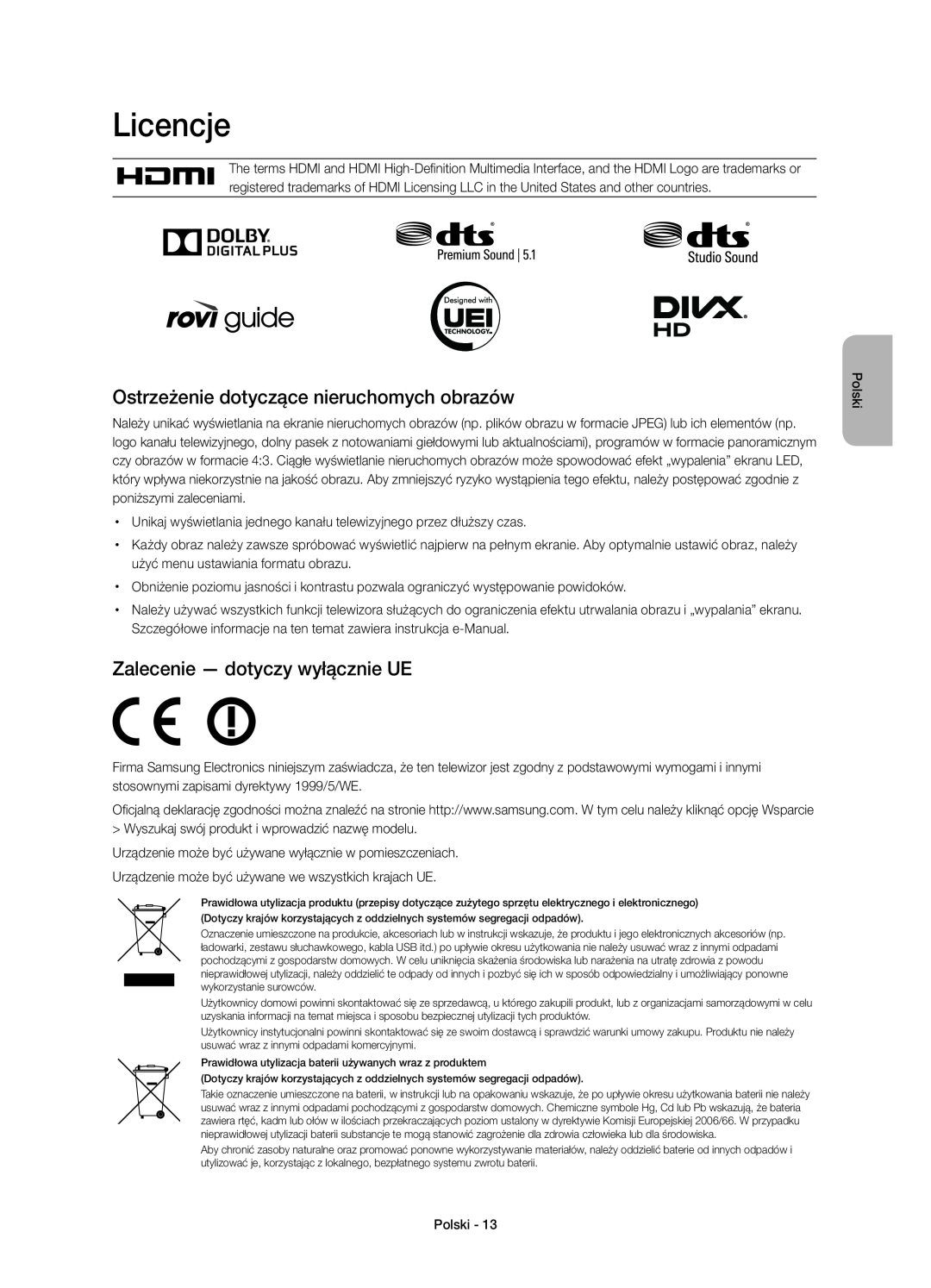 Samsung UE40H6410SSXZF Licencje, Ostrzeżenie dotyczące nieruchomych obrazów, Zalecenie - dotyczy wyłącznie UE, Polski 