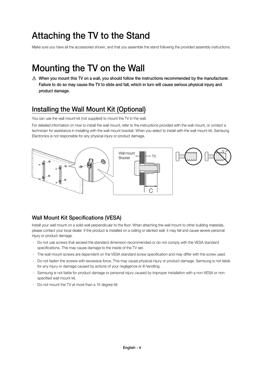 Samsung UE32H6410SSXXH Attaching the TV to the Stand, Mounting the TV on the Wall, Installing the Wall Mount Kit Optional 