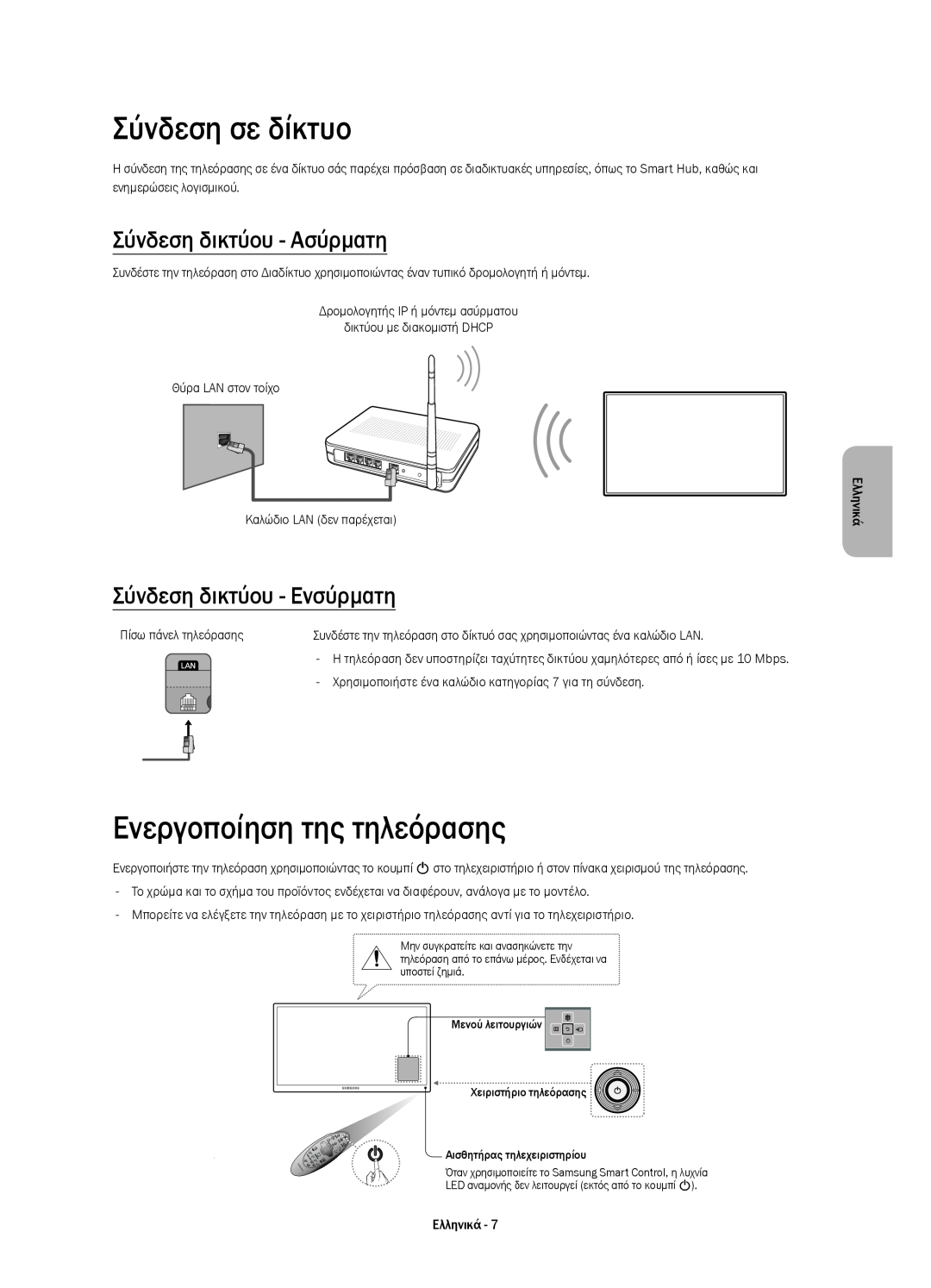 Samsung UE48H6410SUXXH, UE55H6410SSXXH manual Σύνδεση σε δίκτυο, Ενεργοποίηση της τηλεόρασης, Σύνδεση δικτύου - Ασύρματη 