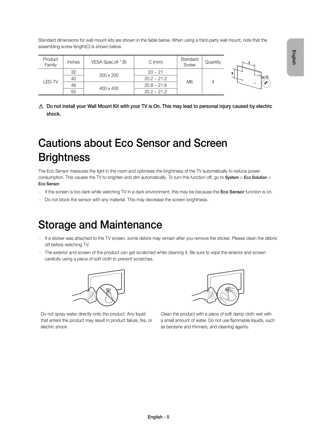 Samsung UE40H6410SSXZG, UE55H6410SSXXH Cautions about Eco Sensor and Screen Brightness, Storage and Maintenance, Screw 