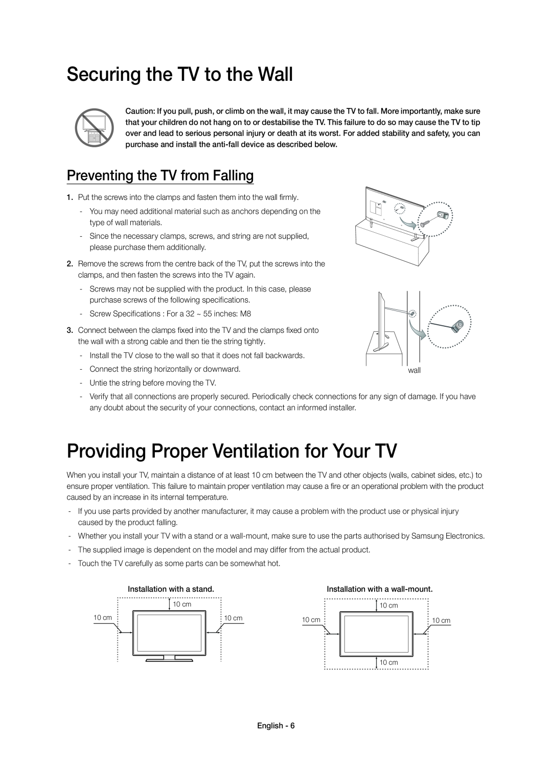 Samsung UE48H6410SSXXH, UE55H6410SSXXH manual Securing the TV to the Wall, Providing Proper Ventilation for Your TV 