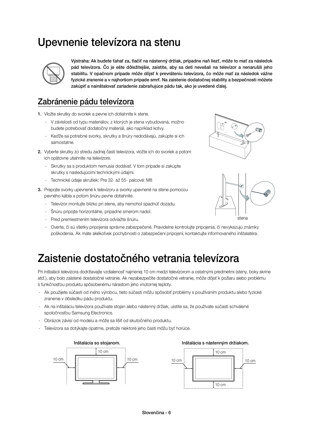 Samsung UE48H6410SSXXH, UE55H6410SSXXH manual Zaistenie dostatočného vetrania televízora, Zabránenie pádu televízora 