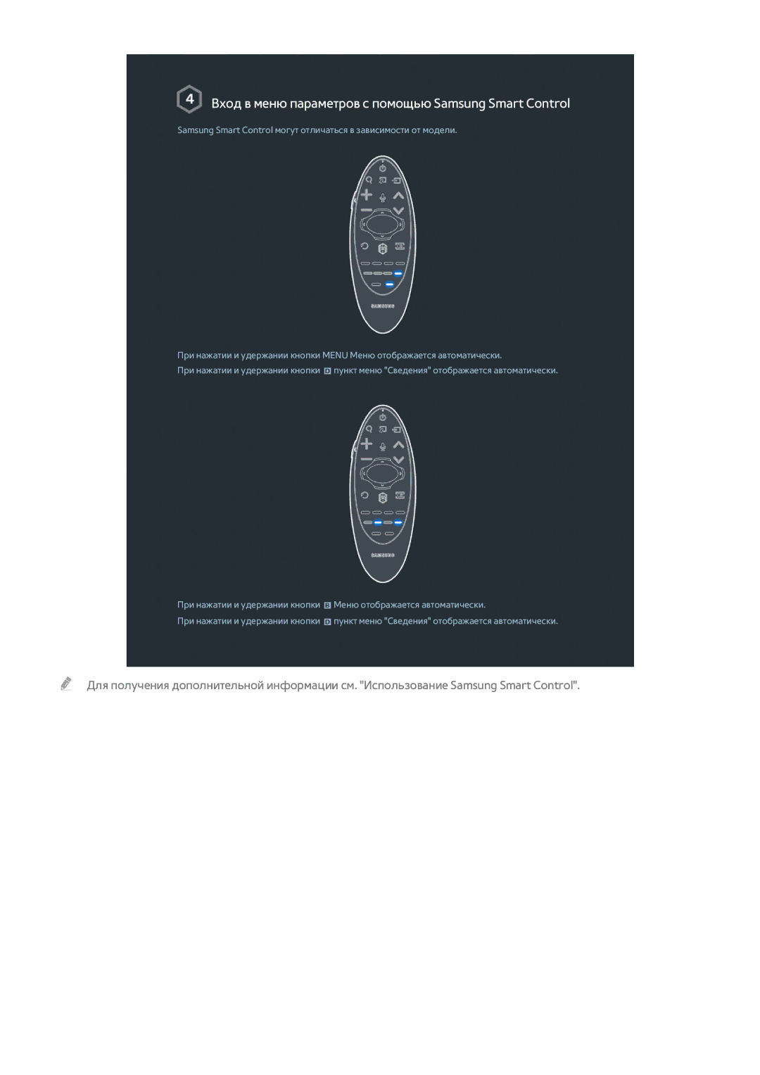 Samsung UE75H6400AWXXH, UE55H6410SSXXH, UE55H6290SSXZG manual Вход в меню параметров с помощью Samsung Smart Control 