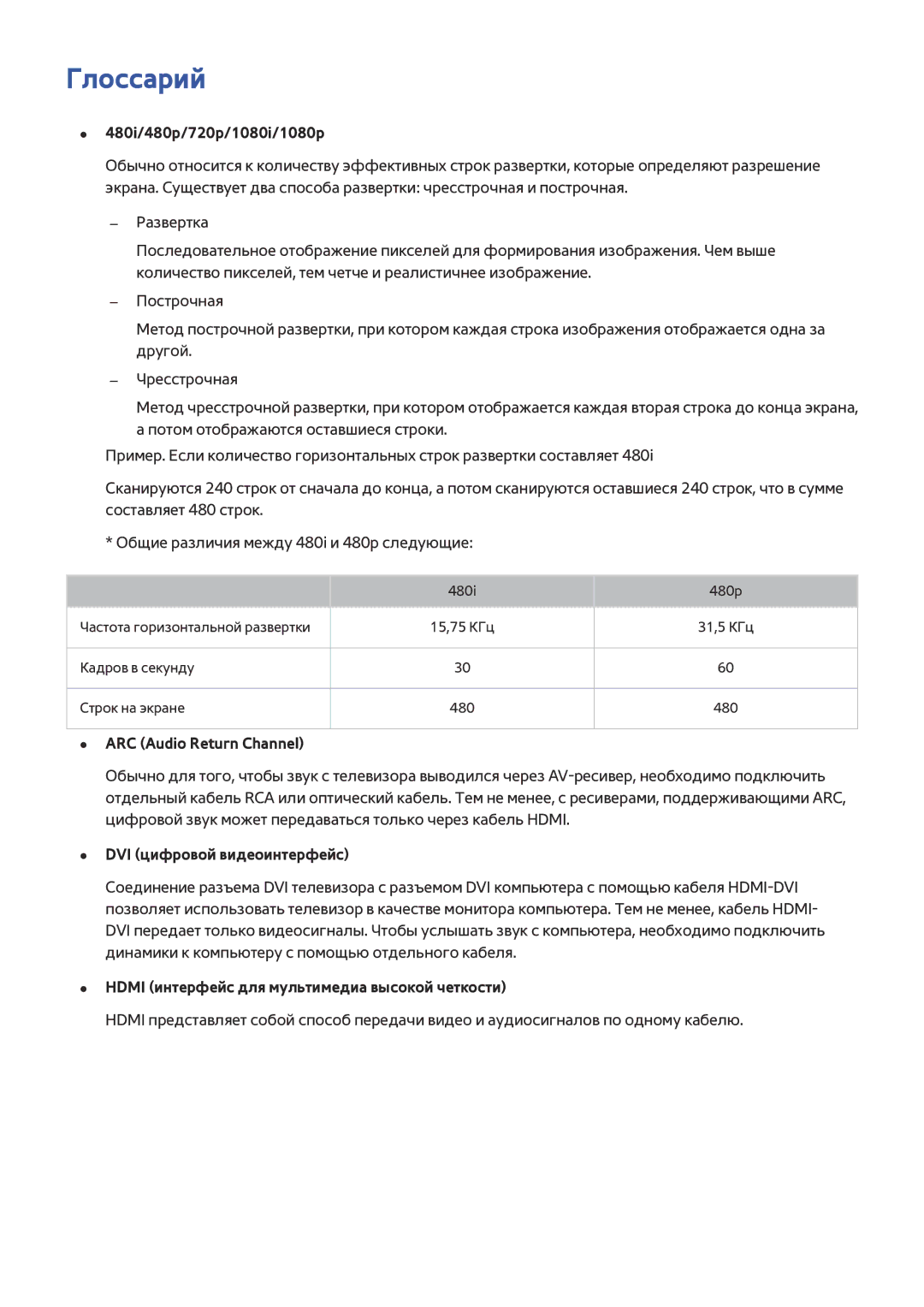 Samsung UE22H5610AKXRU manual Глоссарий, 480i/480p/720p/1080i/1080p, ARC Audio Return Channel, DVI цифровой видеоинтерфейс 