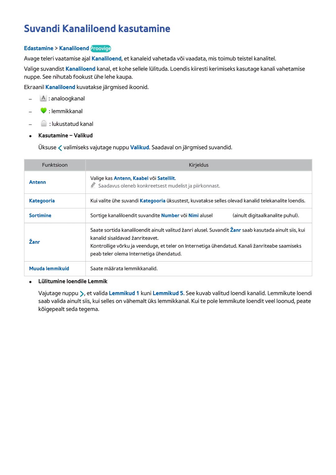Samsung UE32H5500AKXXH, UE55H6410SSXXH Suvandi Kanaliloend kasutamine, Edastamine Kanaliloend Proovige, Kasutamine Valikud 