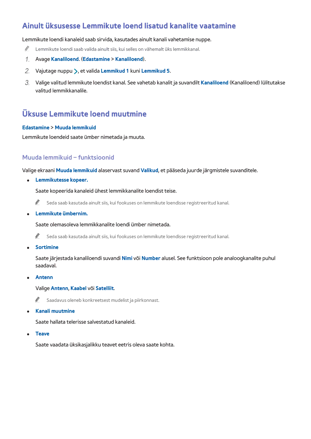 Samsung UE48H6500STXXH manual Ainult üksusesse Lemmikute loend lisatud kanalite vaatamine, Üksuse Lemmikute loend muutmine 