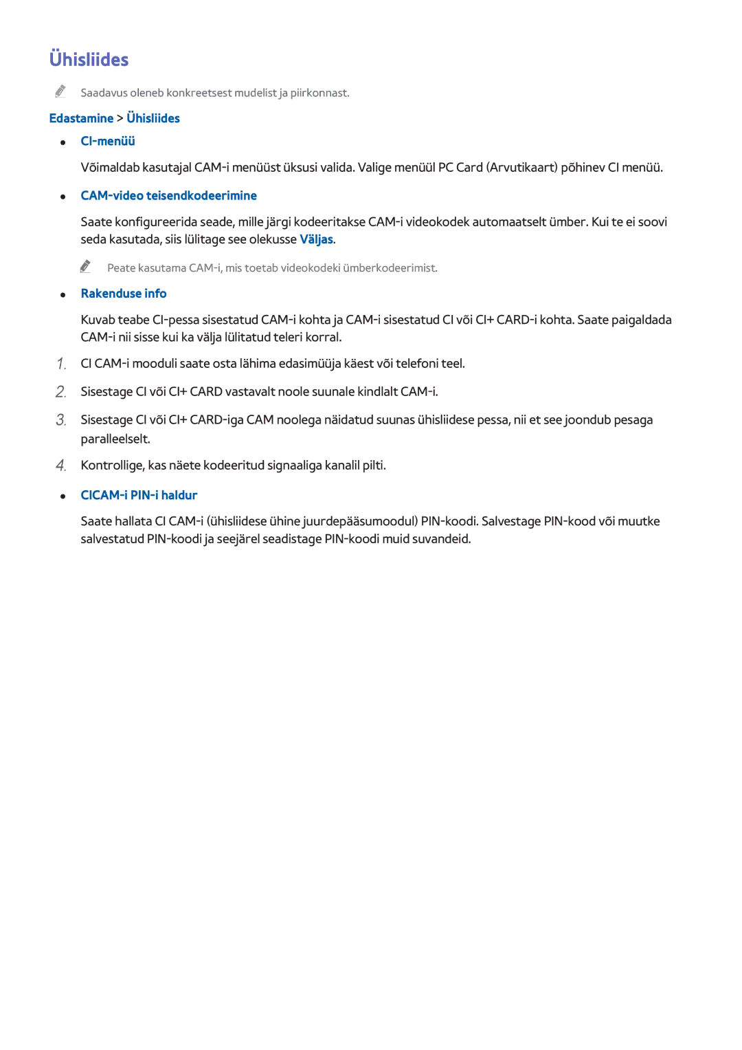 Samsung UE48H6650STXXH, UE55H6410SSXXH manual Ühisliides, CAM-video teisendkodeerimine, Rakenduse info, CICAM-i PIN-i haldur 