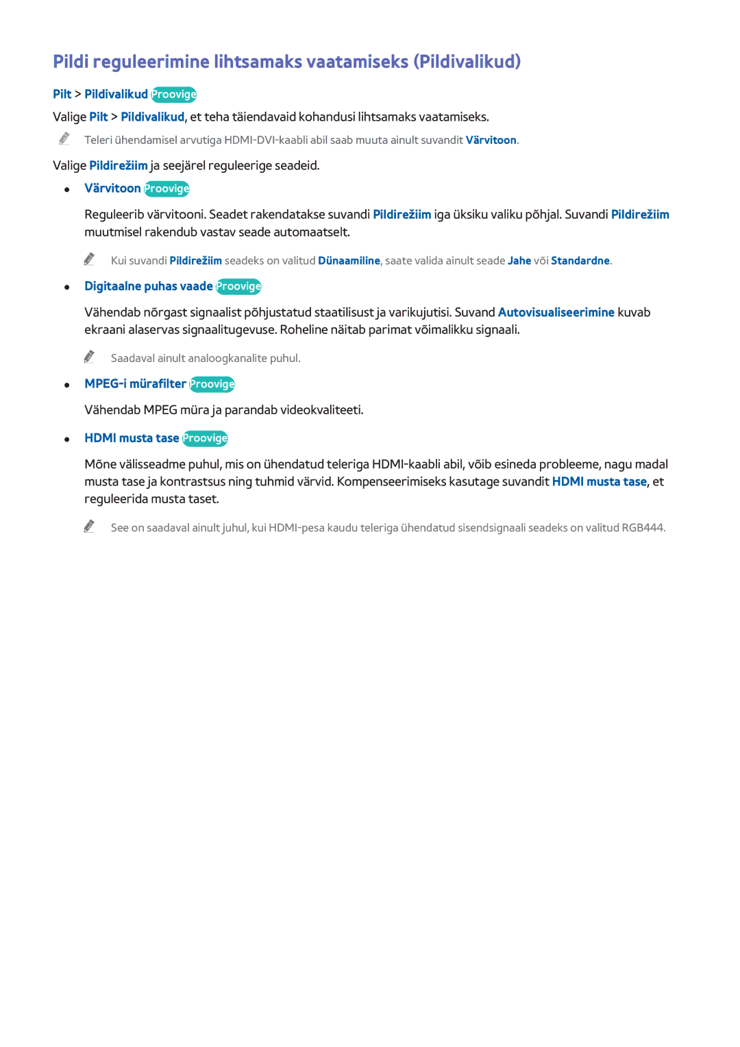 Samsung UE48H6890SSXZG, UE55H6410SSXXH, UE55H6290SSXZG manual Pildi reguleerimine lihtsamaks vaatamiseks Pildivalikud 