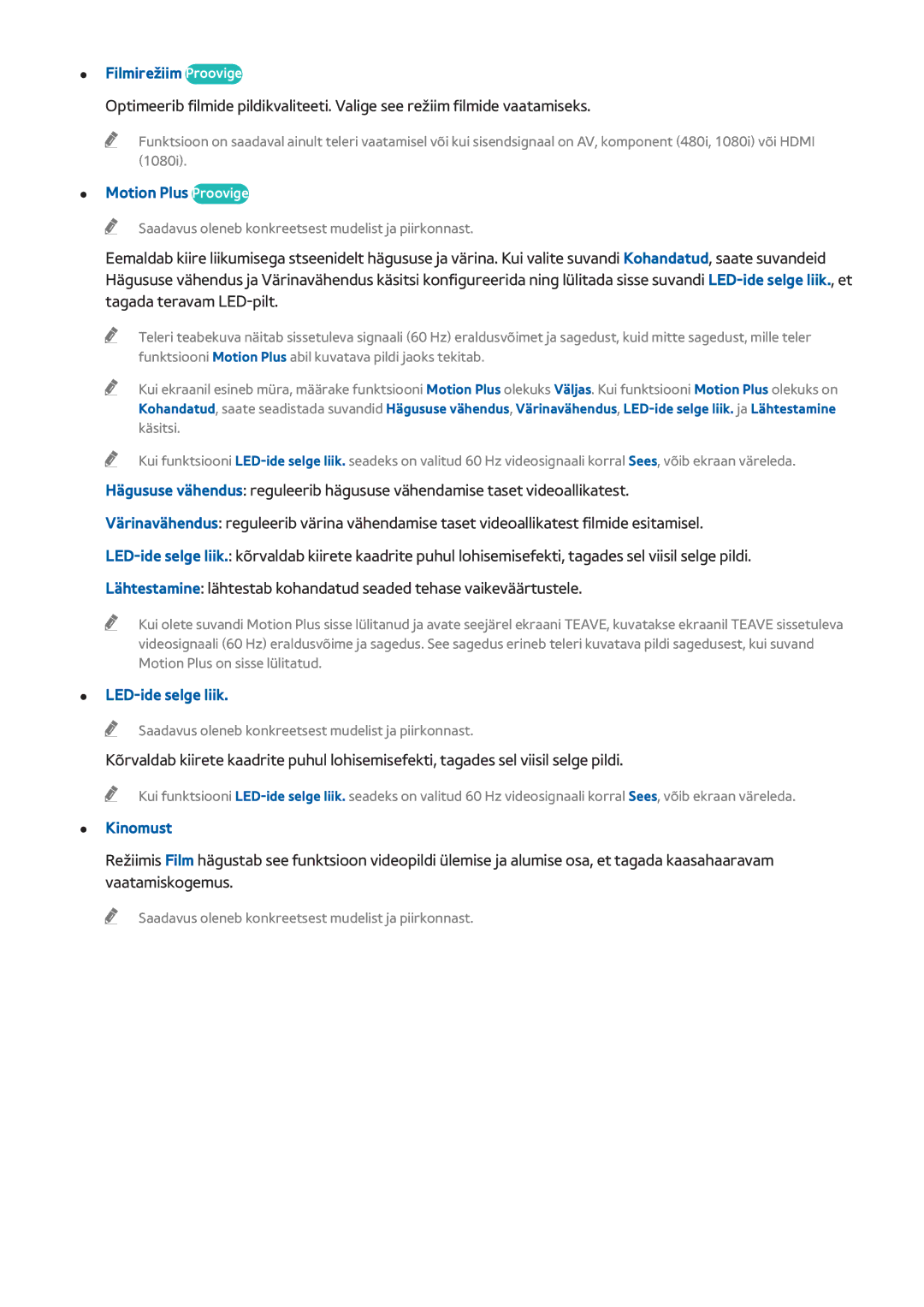 Samsung UE48H6290SSXZG, UE55H6410SSXXH manual Filmirežiim Proovige, Motion Plus Proovige, LED-ide selge liik, Kinomust 