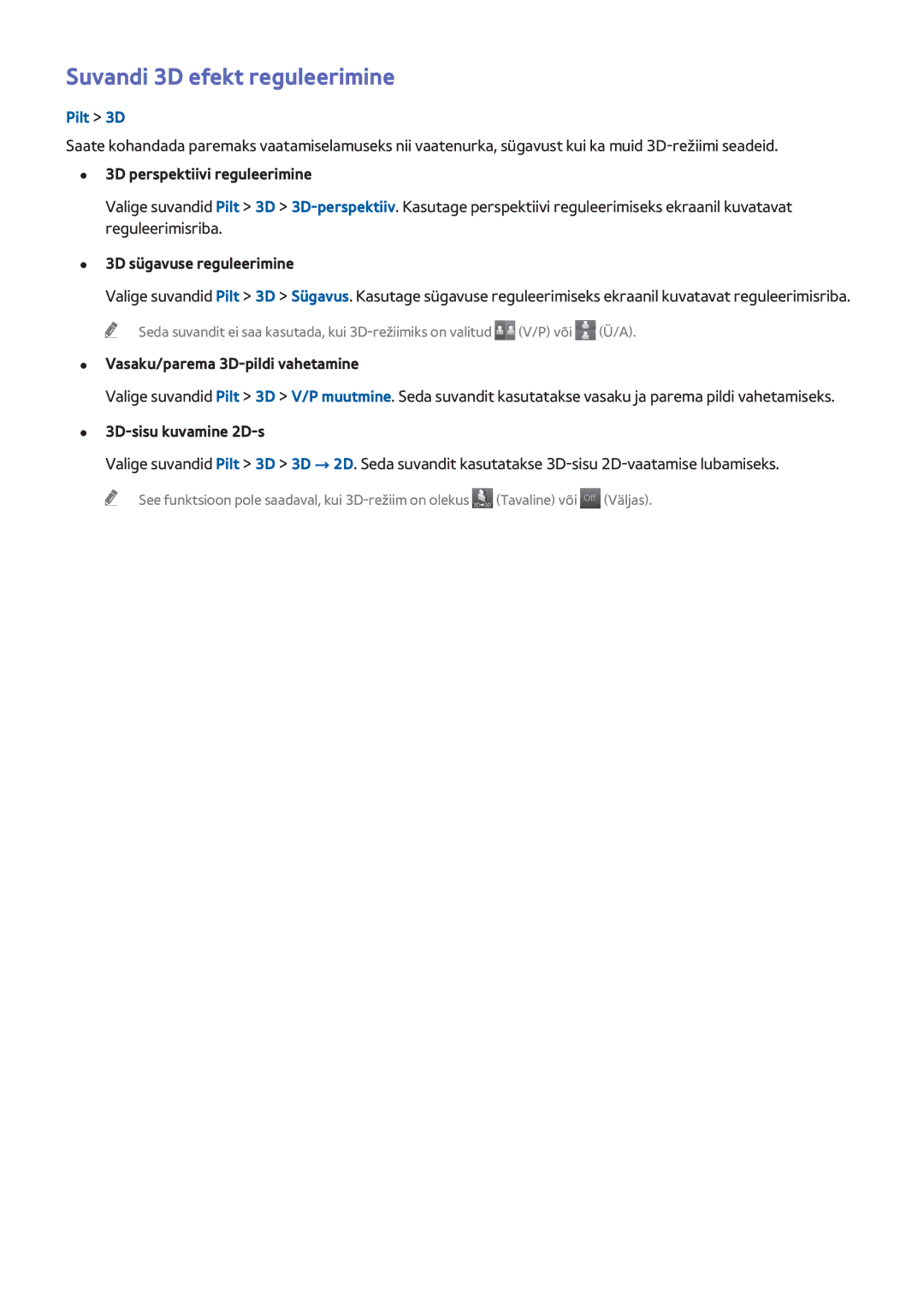 Samsung UE40H6470SSXZG manual Suvandi 3D efekt reguleerimine, 3D perspektiivi reguleerimine, 3D sügavuse reguleerimine 