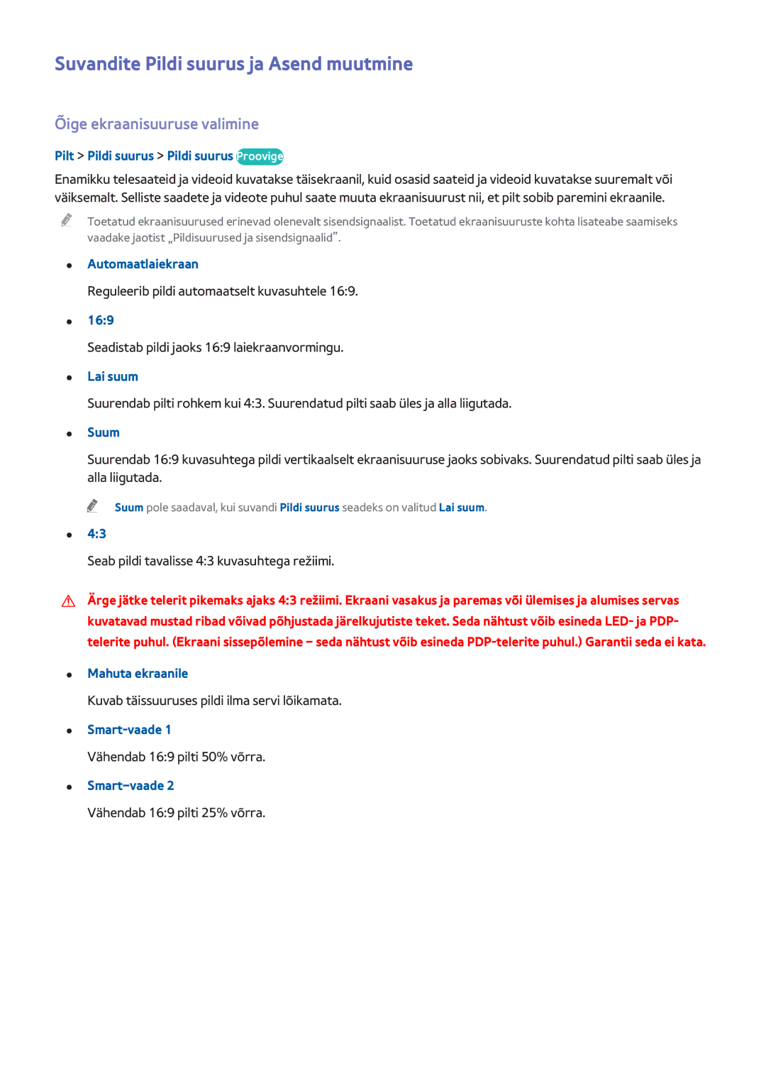 Samsung UE40H6650SLXXH, UE55H6410SSXXH manual Suvandite Pildi suurus ja Asend muutmine, Õige ekraanisuuruse valimine 