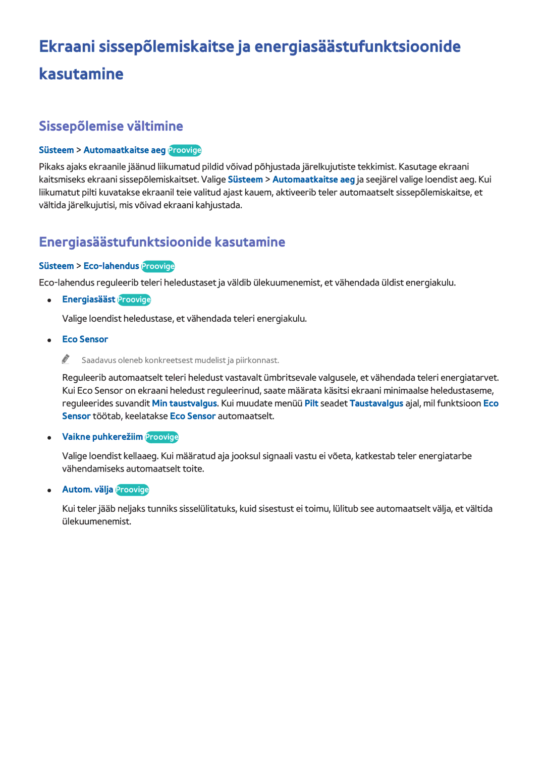 Samsung UE55H6240AWXXH, UE55H6410SSXXH, UE55H6290SSXZG manual Sissepõlemise vältimine, Energiasäästufunktsioonide kasutamine 