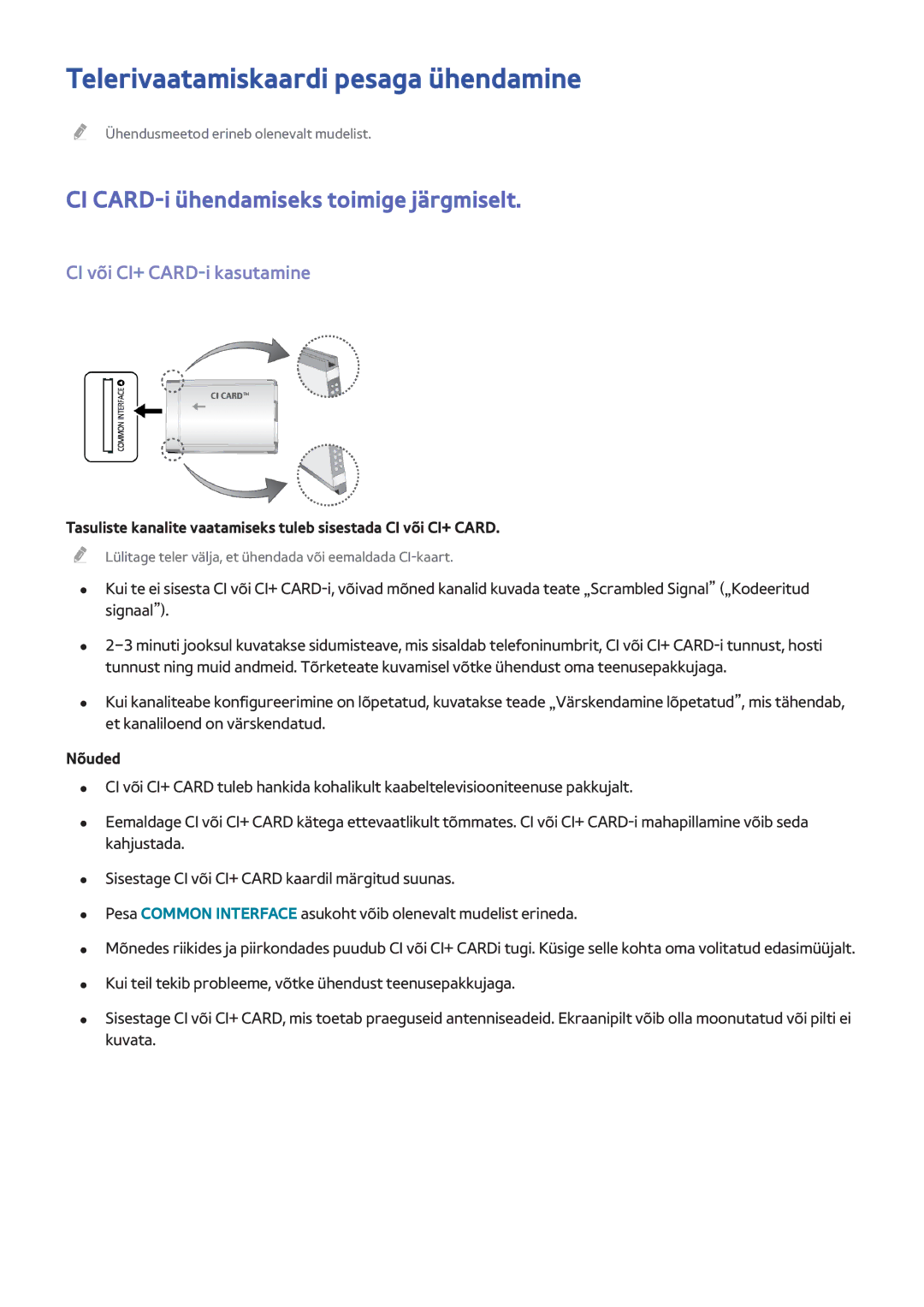 Samsung UE55H6670SLXXH, UE55H6410SSXXH Telerivaatamiskaardi pesaga ühendamine, CI CARD-i ühendamiseks toimige järgmiselt 