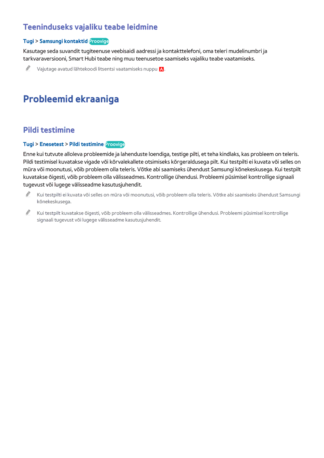 Samsung UE55H6800AKXXH, UE55H6410SSXXH manual Probleemid ekraaniga, Teeninduseks vajaliku teabe leidmine, Pildi testimine 