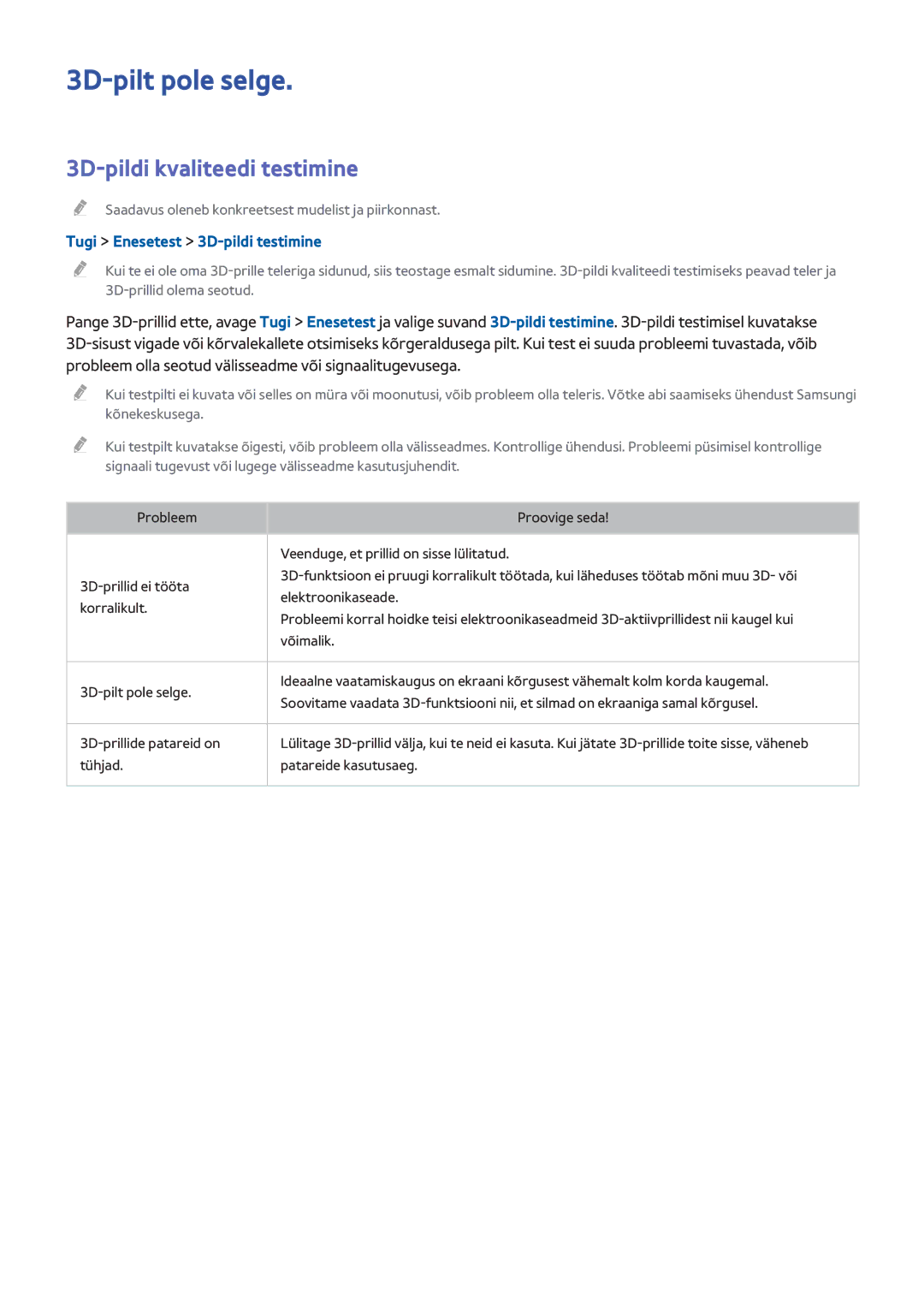 Samsung UE55H6650STXXH manual 3D-pilt pole selge, 3D-pildi kvaliteedi testimine, Tugi Enesetest 3D-pildi testimine 