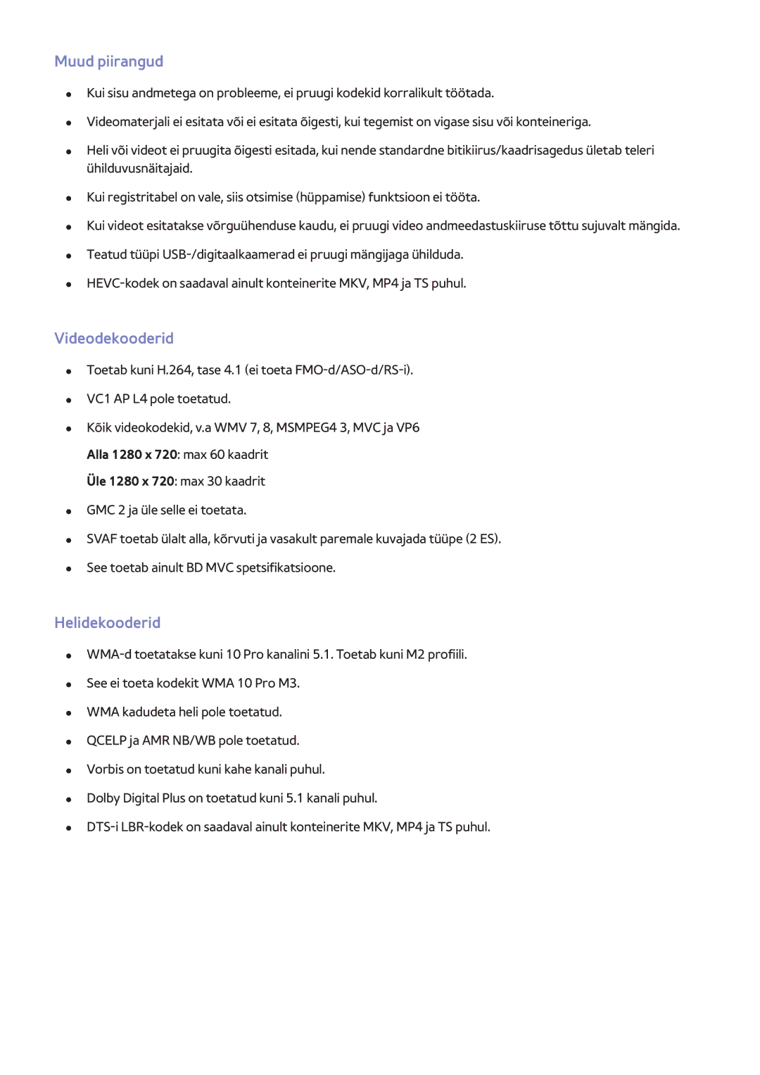 Samsung UE48H6410SUXXH, UE55H6410SSXXH, UE55H6290SSXZG, UE48H6470SSXZG manual Muud piirangud, Videodekooderid, Helidekooderid 