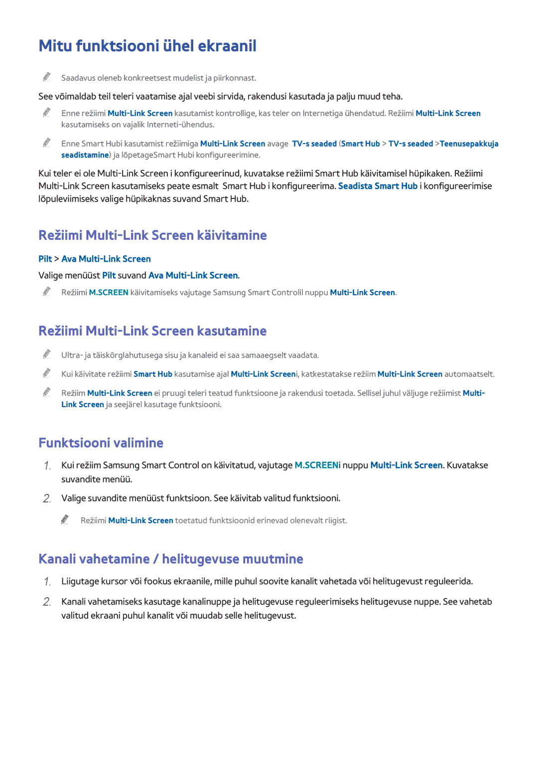 Samsung UE55H6400AKXXH manual Mitu funktsiooni ühel ekraanil, Režiimi Multi-Link Screen käivitamine, Funktsiooni valimine 