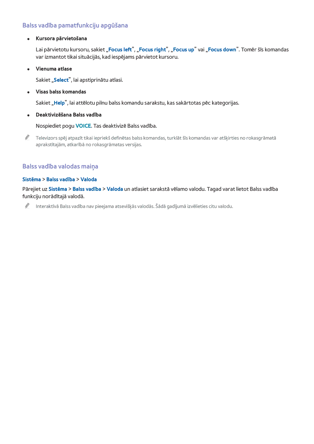 Samsung UE48H6670SLXXH manual Balss vadība pamatfunkciju apgūšana, Balss vadība valodas maiņa, Sistēma Balss vadība Valoda 