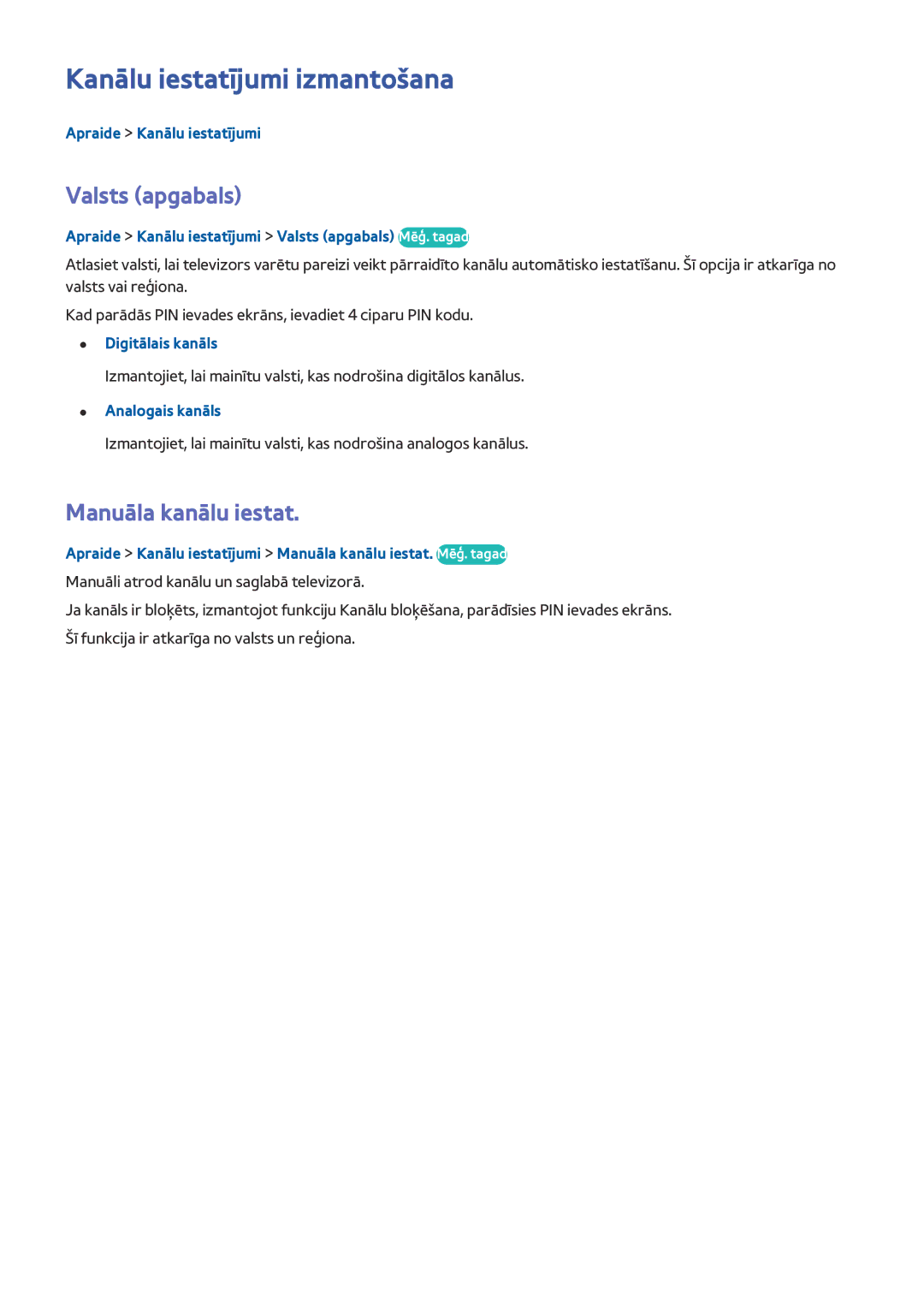 Samsung UE40H6670STXXH, UE55H6410SSXXH manual Kanālu iestatījumi izmantošana, Valsts apgabals, Manuāla kanālu iestat 