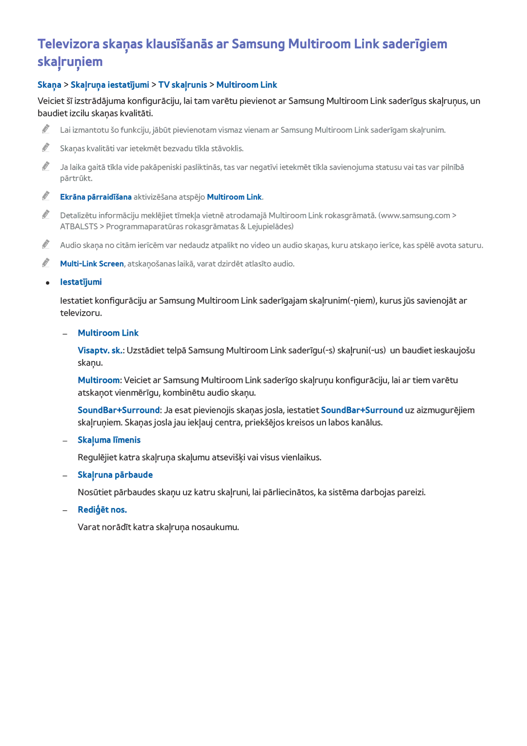 Samsung UE75H6400AWXXH manual Skaņa Skaļruņa iestatījumi TV skaļrunis Multiroom Link, Skaļuma līmenis, Skaļruna pārbaude 