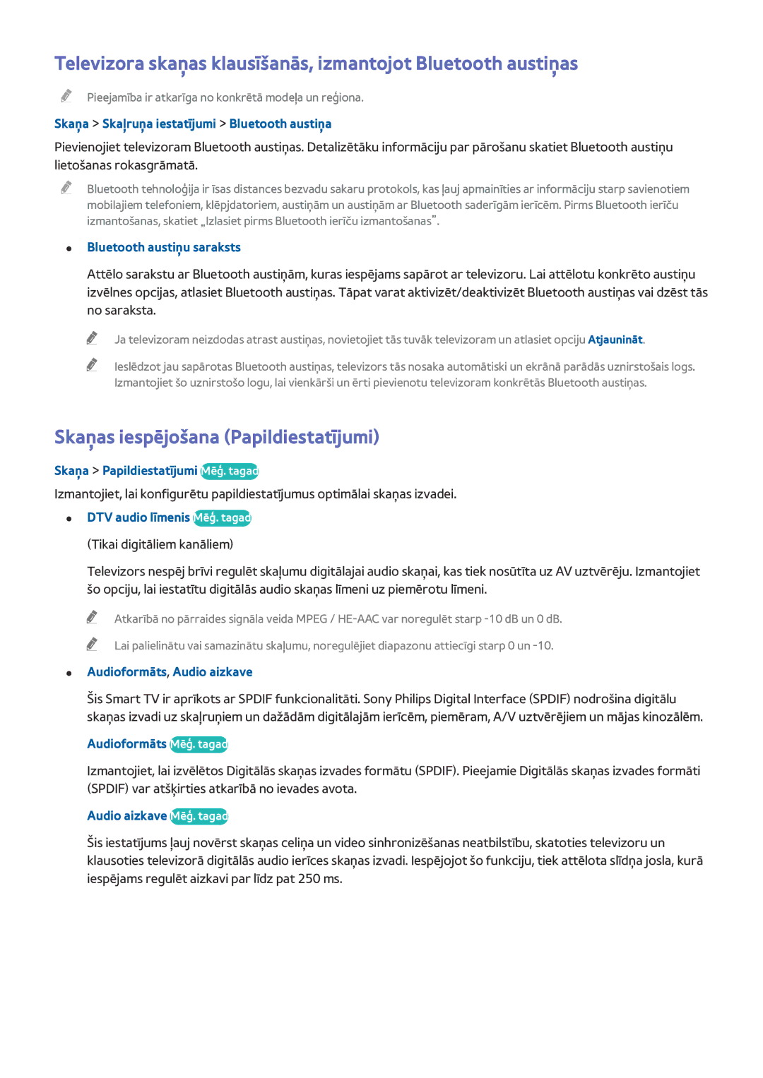 Samsung UE55H6400AKXXH, UE55H6410SSXXH, UE55H6290SSXZG, UE48H6470SSXZG, UE48H6890SSXZG Skaņas iespējošana Papildiestatījumi 