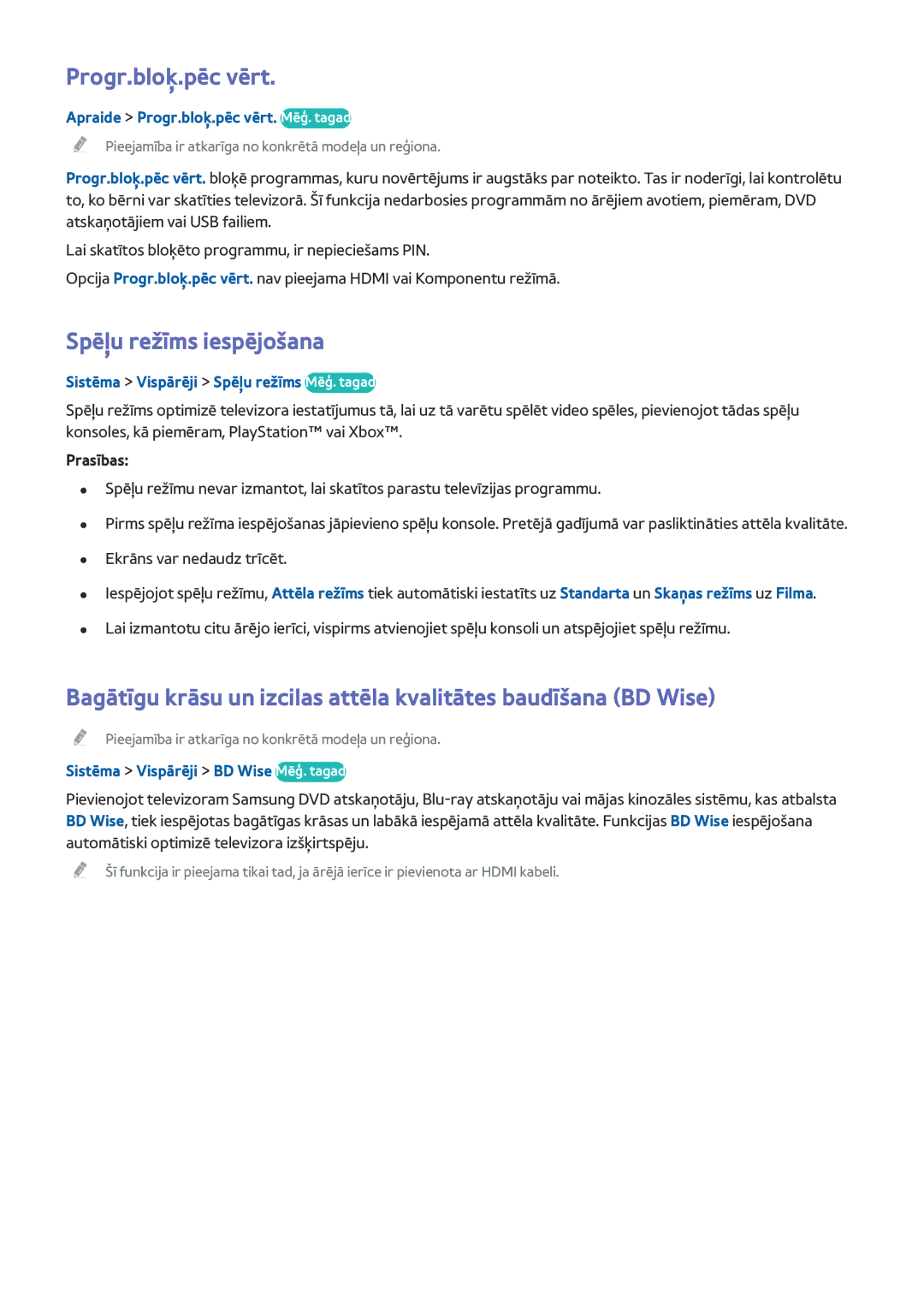 Samsung UE40H5500AKXXH, UE55H6410SSXXH manual Spēļu režīms iespējošana, Apraide Progr.bloķ.pēc vērt. Mēģ. tagad 