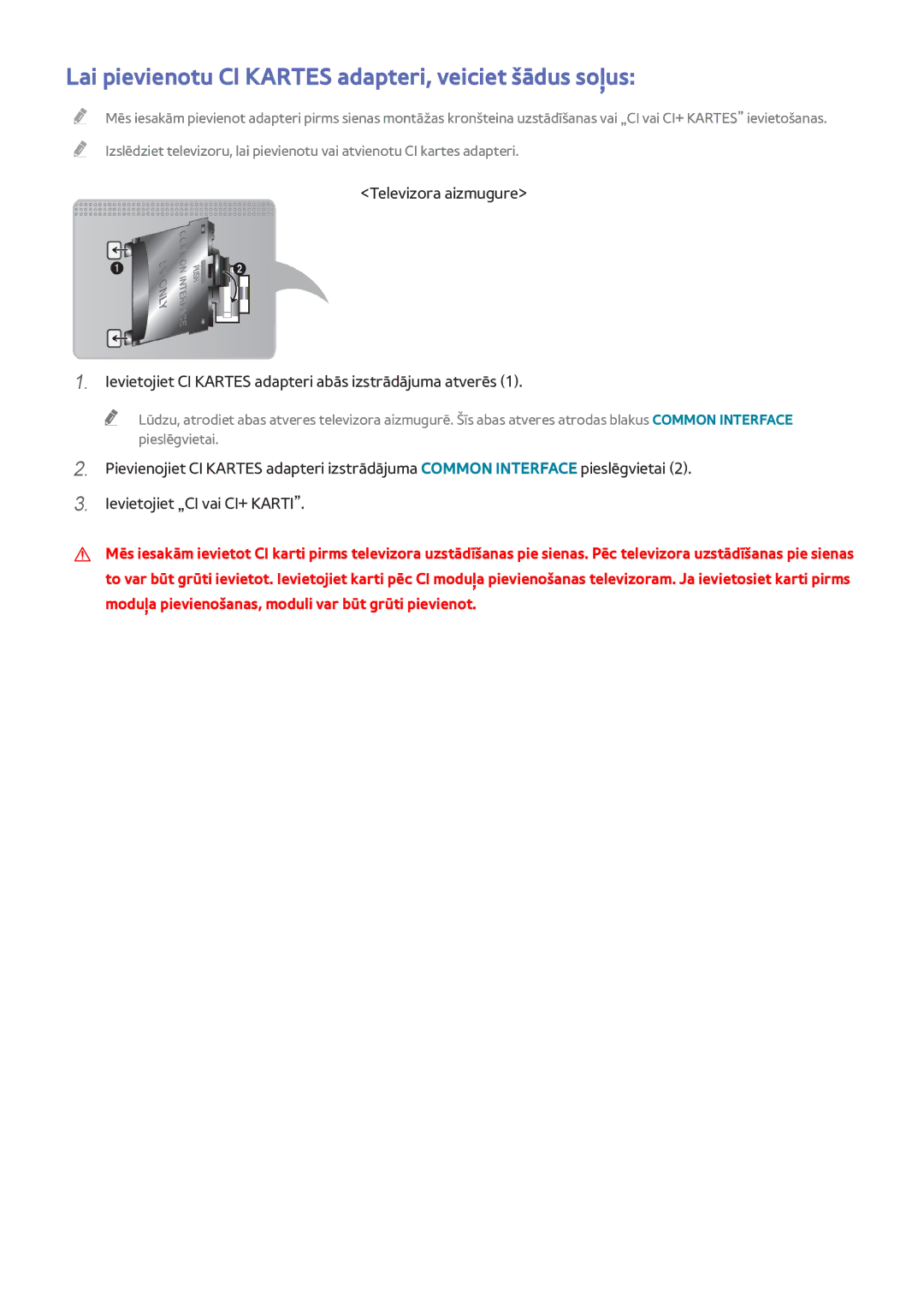 Samsung UE65H6400AKXXH, UE55H6410SSXXH, UE55H6290SSXZG manual Lai pievienotu CI Kartes adapteri, veiciet šādus soļus 