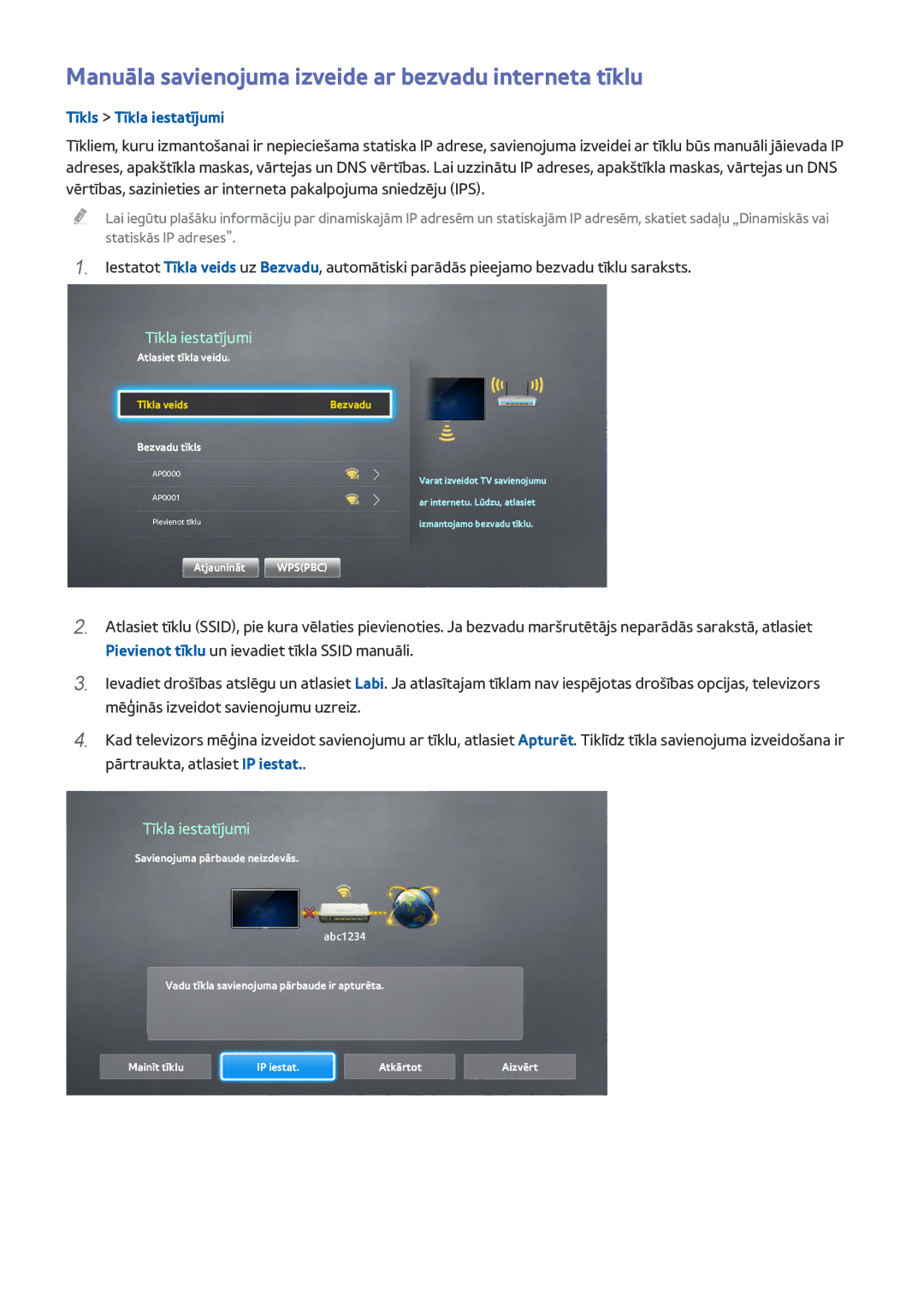 Samsung UE40H6650SLXXH, UE55H6410SSXXH manual Manuāla savienojuma izveide ar bezvadu interneta tīklu, Bezvadu tīkls 