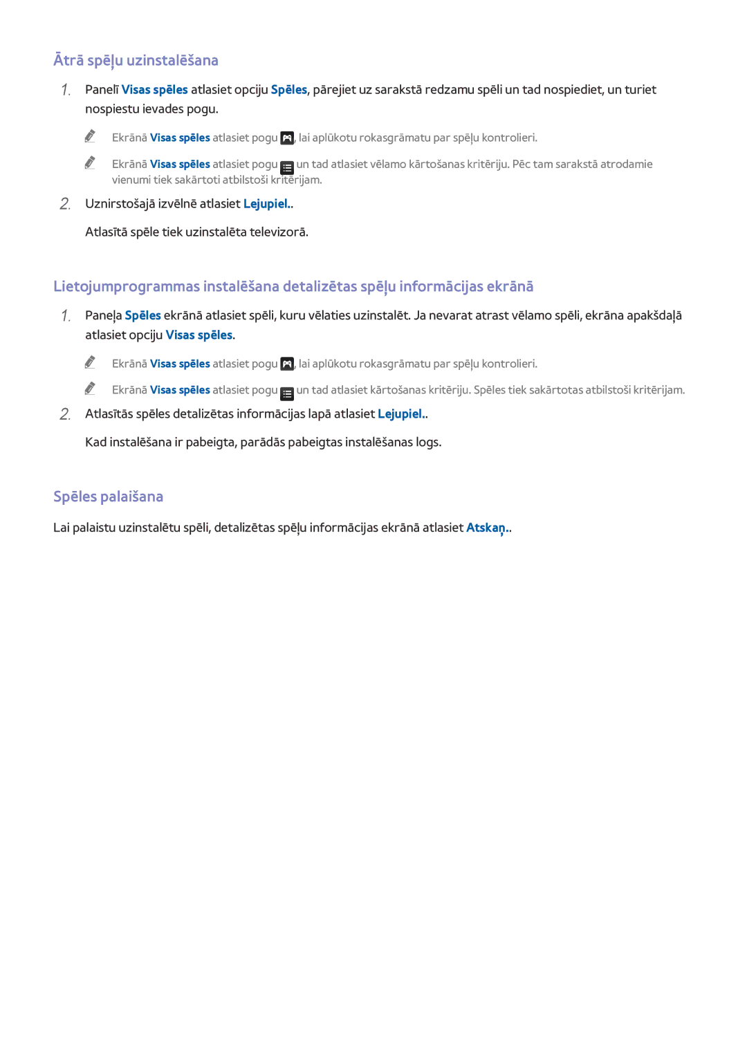 Samsung UE40H6240AWXXH, UE55H6410SSXXH, UE55H6290SSXZG, UE48H6470SSXZG manual Ātrā spēļu uzinstalēšana, Spēles palaišana 