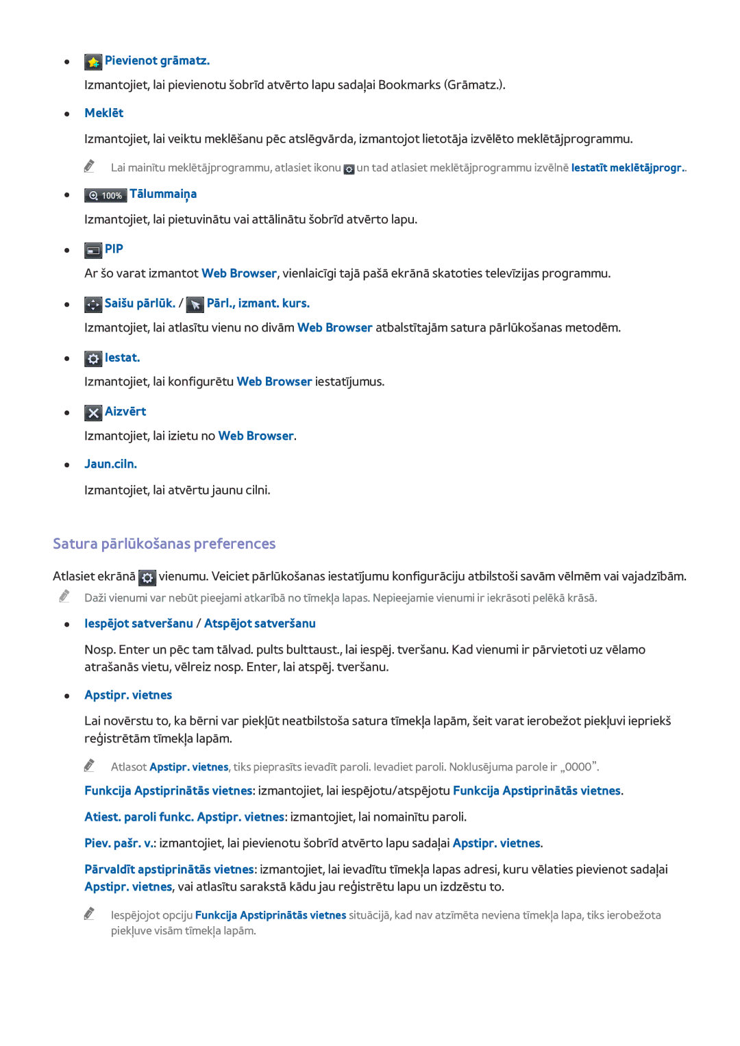 Samsung UE40H6400AKXXH, UE55H6410SSXXH, UE55H6290SSXZG, UE48H6470SSXZG, UE48H6890SSXZG manual Satura pārlūkošanas preferences 