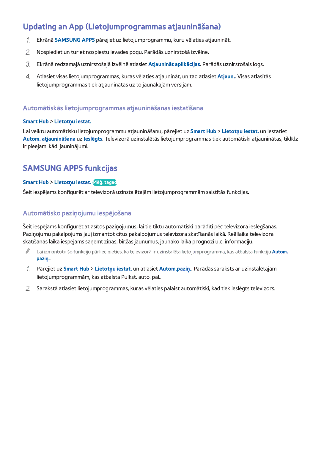 Samsung UE48H6670STXXH, UE55H6410SSXXH manual Updating an App Lietojumprogrammas atjaunināšana, Samsung Apps funkcijas 