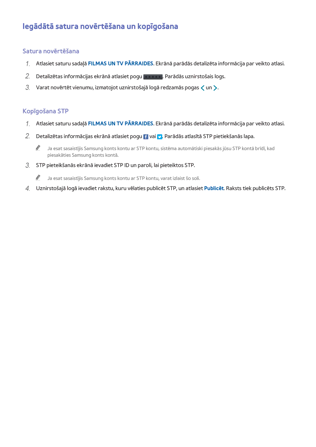 Samsung UE55H6800AKXXH, UE55H6410SSXXH manual Iegādātā satura novērtēšana un kopīgošana, Satura novērtēšana, Kopīgošana STP 