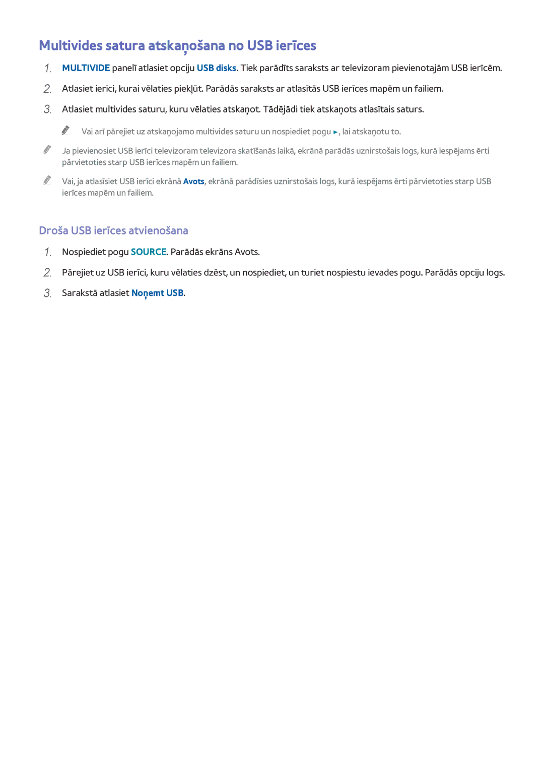 Samsung UE48H5500AKXXH, UE55H6410SSXXH manual Multivides satura atskaņošana no USB ierīces, Droša USB ierīces atvienošana 