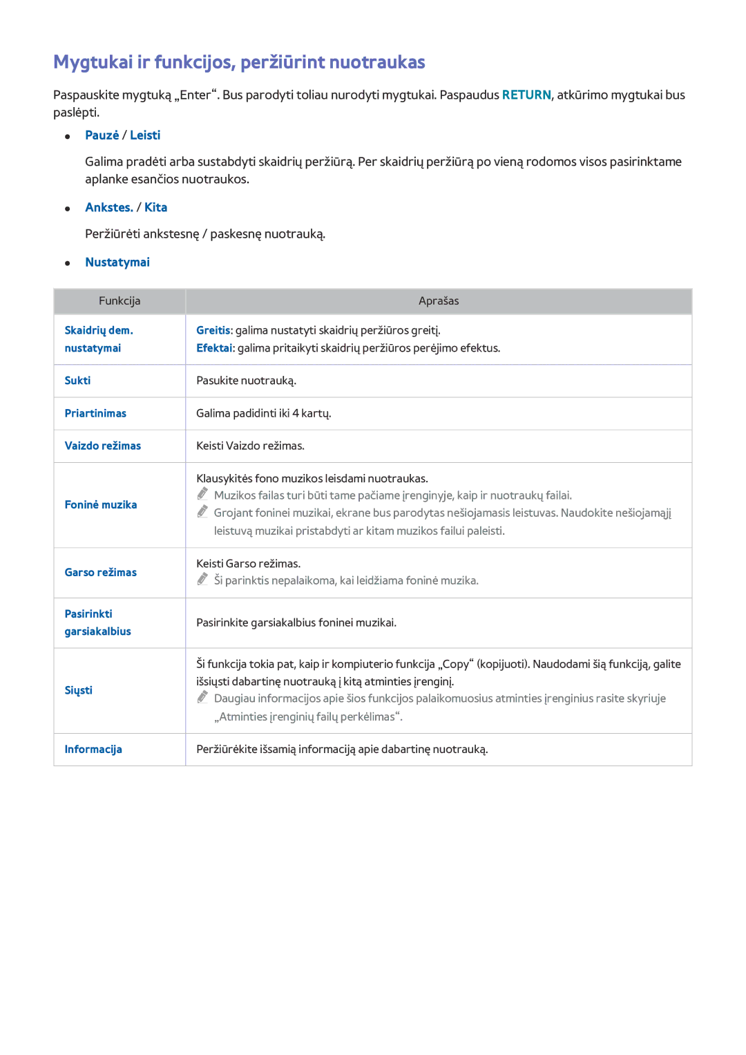 Samsung UE48H6650SLXXH manual Mygtukai ir funkcijos, peržiūrint nuotraukas, Pauzė / Leisti, Ankstes. / Kita, Nustatymai 