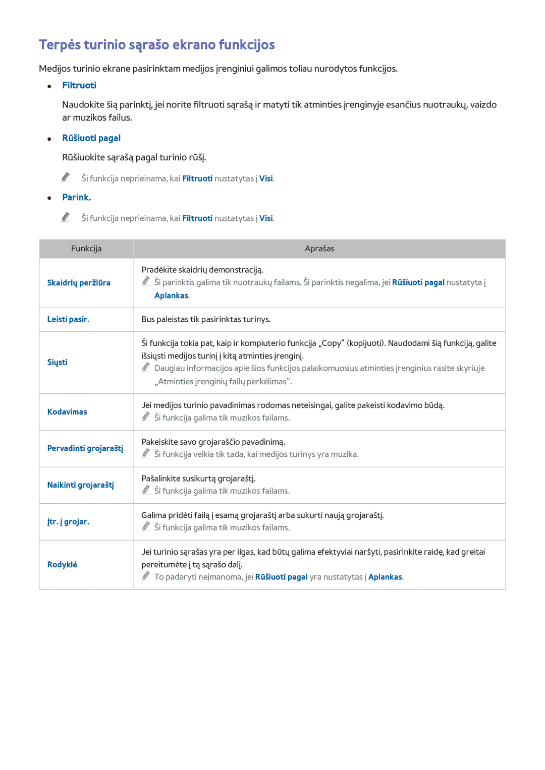 Samsung UE48H6890SSXZG, UE55H6410SSXXH manual Terpės turinio sąrašo ekrano funkcijos, Filtruoti, Rūšiuoti pagal, Parink 