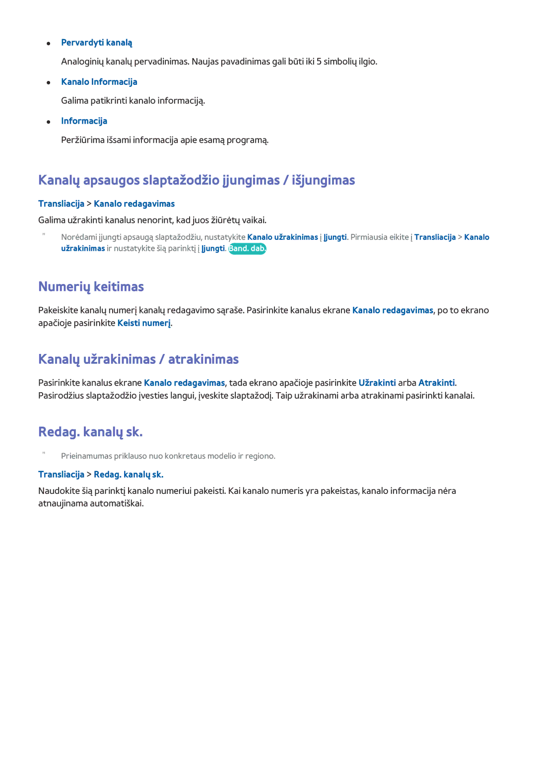 Samsung UE40H6400AKXXH manual Kanalų apsaugos slaptažodžio įjungimas / išjungimas, Numerių keitimas, Redag. kanalų sk 