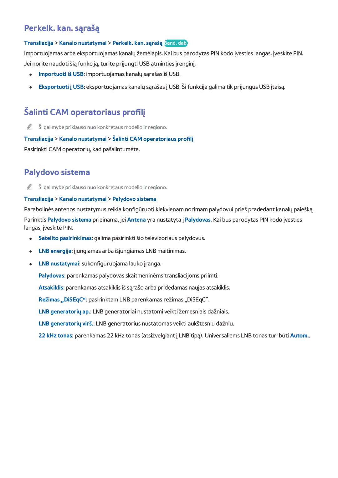 Samsung UE40H6650STXXH, UE55H6410SSXXH manual Perkelk. kan. sąrašą, Šalinti CAM operatoriaus profilį, Palydovo sistema 