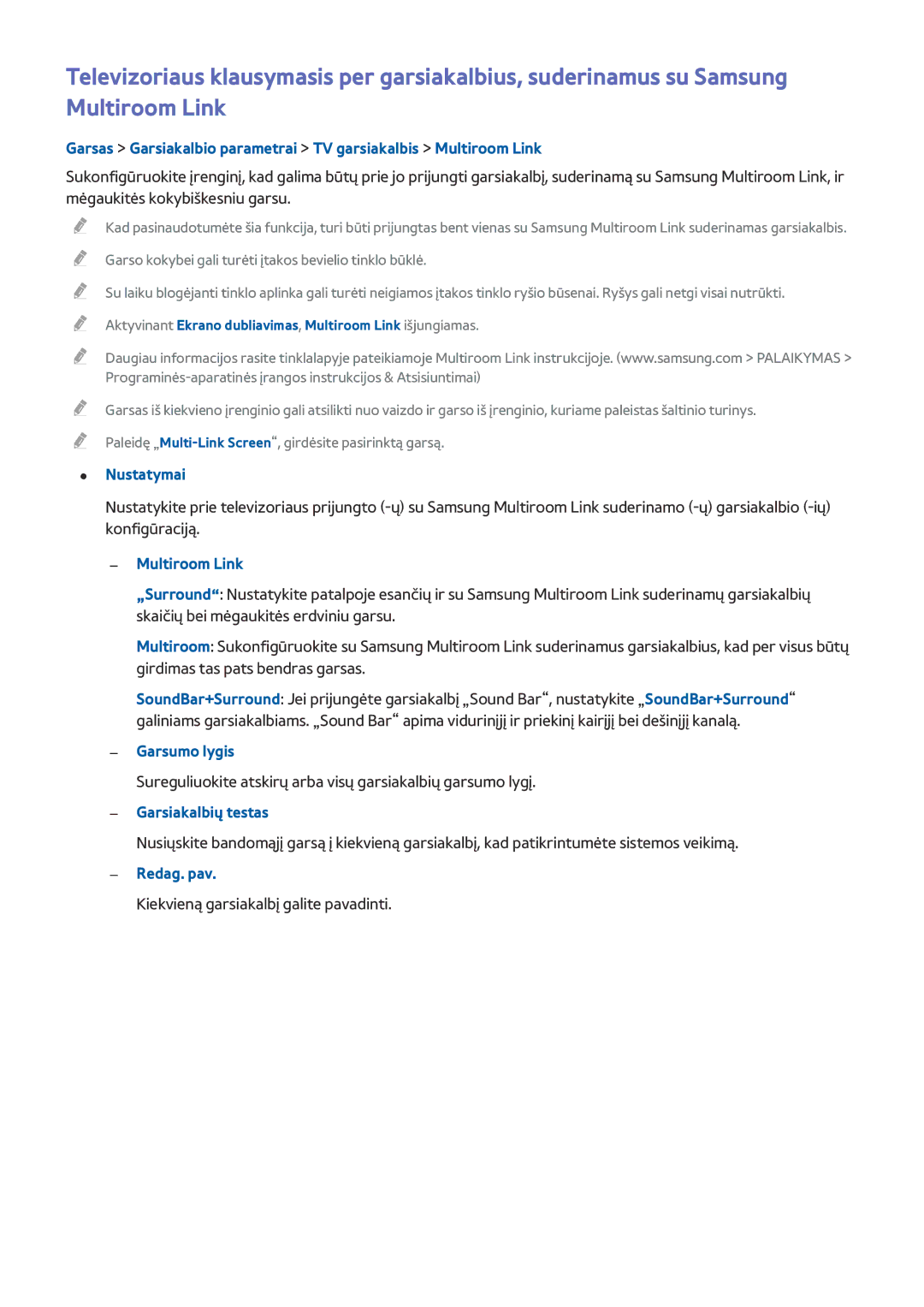 Samsung UE75H6400AWXXH, UE55H6410SSXXH, UE55H6290SSXZG manual Multiroom Link, Garsumo lygis, Garsiakalbių testas, Redag. pav 